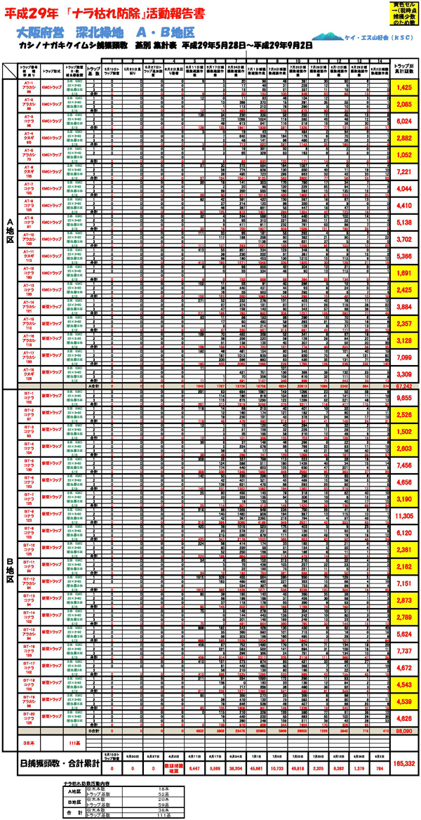 平成29年　『ナラ枯れ防除』活動報告書(大阪府営　深北緑地　Ａ・Ｂ地区 カシノナガキクイムシ捕獲頭数)