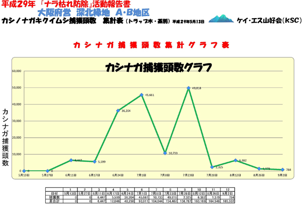 平成29年　『ナラ枯れ防除』活動報告書(大阪府営　深北緑地　Ａ・Ｂ地区 カシノナガキクイムシ捕獲頭数 集計表)