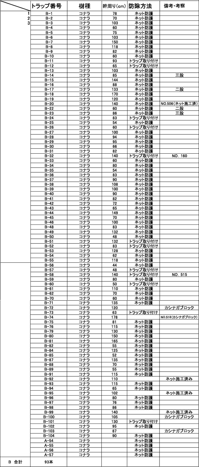 Ｂ地区 樹木調査表