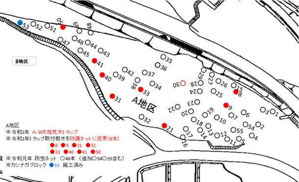 河内の里『ナラ枯防除』Ａ地区 トラップ配置計画図